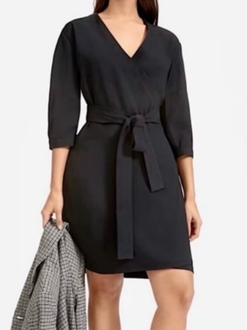 Everlane Black V-Neck Wrap Japanese GoWeave Dress with Tie Belt